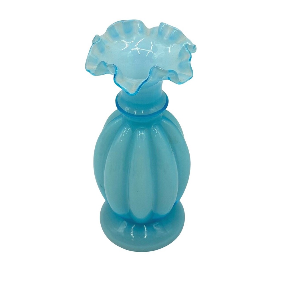 Vintage Blue Opalescent Milk Glass Ribbed Melon Vase Ruffled Rim 8.5 Inch MCM